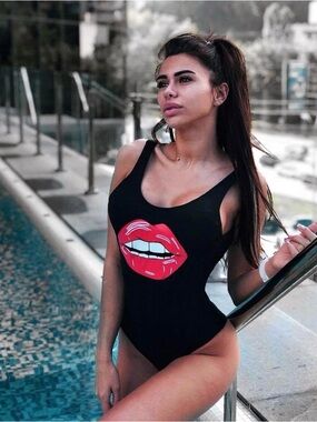 Black One-Piece Swimsuit with Red Lips Graphic